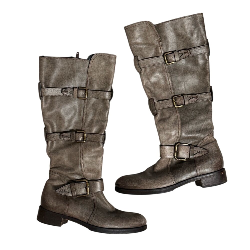 ALBERTO FERMANI Knee-High Boots Buckled Moto Sz. 38.5‎ EU 8 US Taupe Brown ITALY - Picture 2 of 15